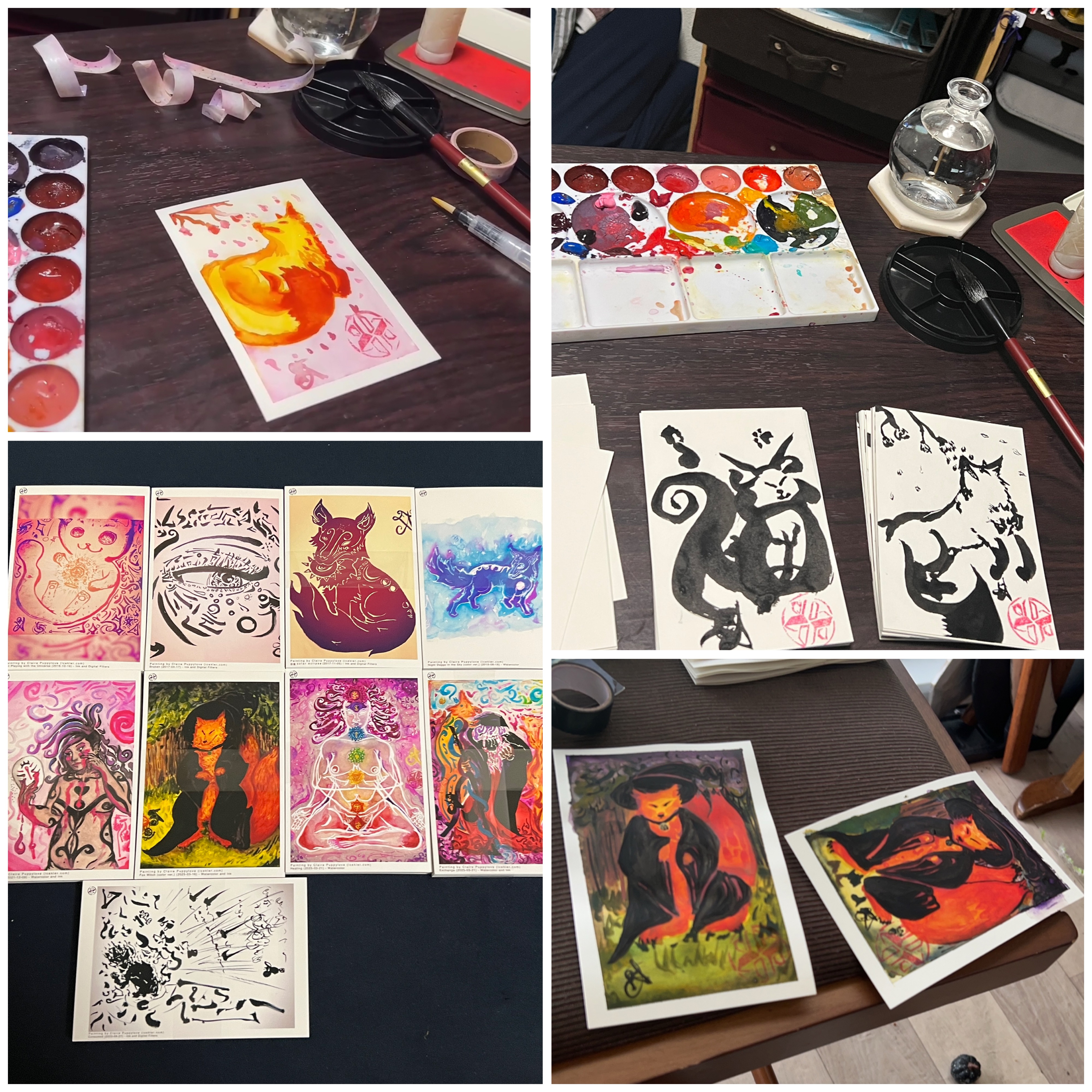 Some of the merch that will be available at the event, from printed postcards to handmade painted postcards. Most of them depicting foxes.