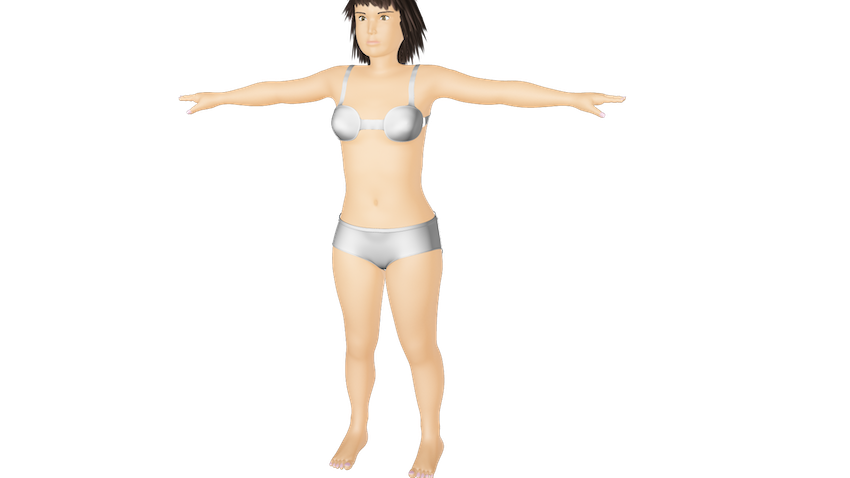 Three quarters view of Monica 3D model wearing only underwear.