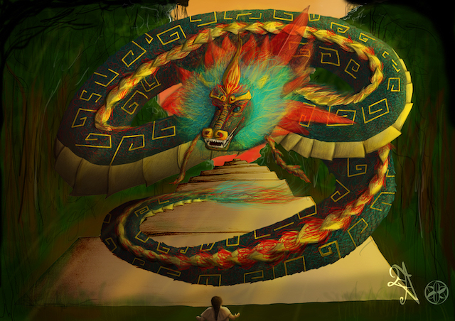 Quetzalcoatl appears in front of a person