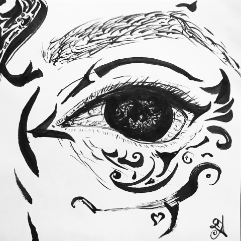 An eye with eyebags made out of brush strokes