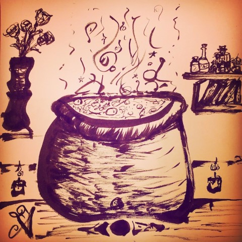 A cauldron in a neatly organized room.