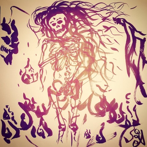 A skeleton with long hair covering her crotch and chest, born in the flames of hell in a spiky shell, with demons around her.