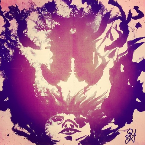 A rorshach test style head looking up with their hair flowing in all directions