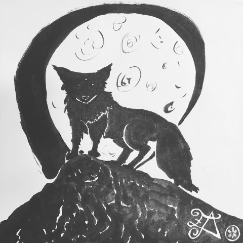 A wolf in front of the moon... it might have three eyes