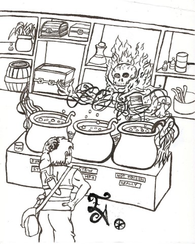 Ghoul salesperson selling potions (and poison) to an adventurer - ink