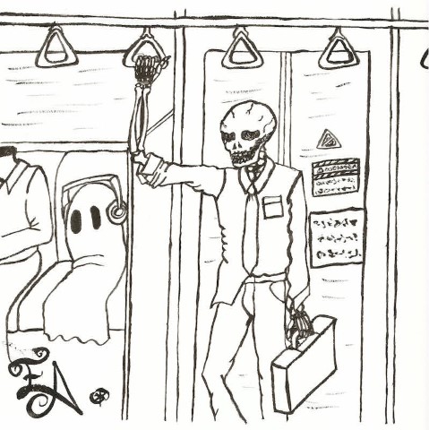 A Skeleton office worker doing the commute back home