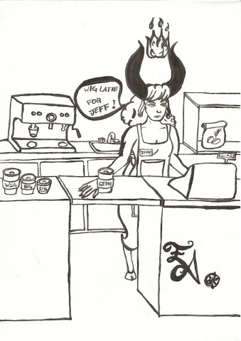 A demon goat girl selling coffe holding a cup with the customers name written in wrong.