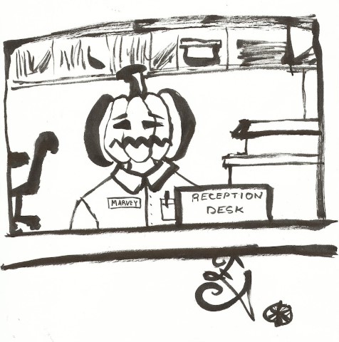 A dullahan tired and hungry at their desk job after not being able to finish their lunch.