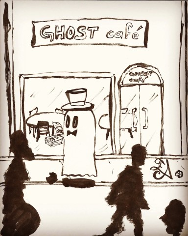 A ghost host unable to give people panflets for their ghost cafe.