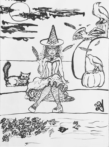 A witch in thigh high stockings and a flowy skirt and heels, holding a crow feather in front of the full moon and a giant pumpkin. A cat and some crows are around her.