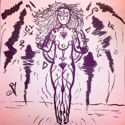 A goddess with five eyes, tatooed body and ethereal wings