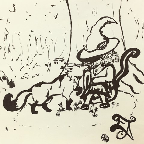 Fox approaching a witch with cat ears and tail (in ink)