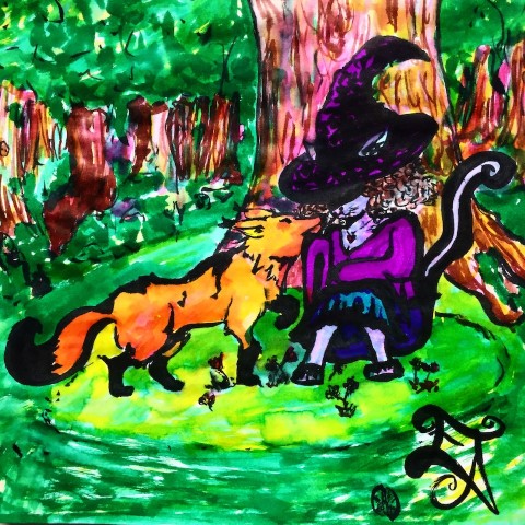 Fox approaching a witch with cat ears and tail (in color)