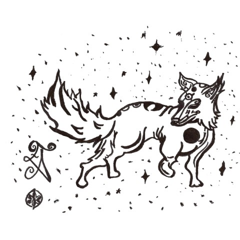 Moon Wolf in a starry sky in black lines