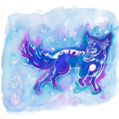 Moon Wolf in a starry sky in color