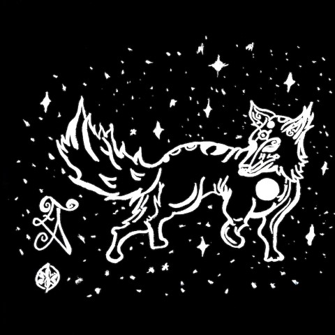 Moon Wolf in a starry sky in white lines