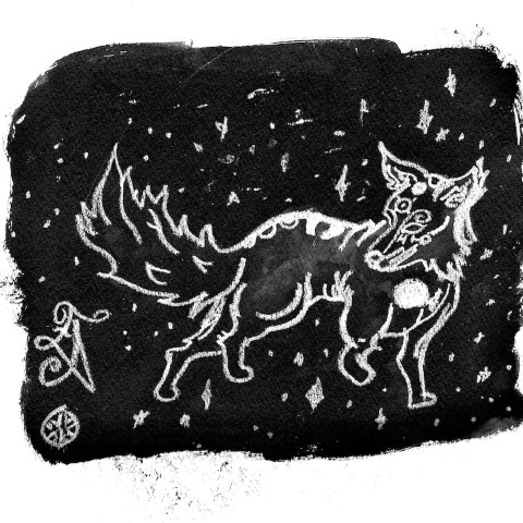 Moon Wolf in a starry sky in white pencil on a black background