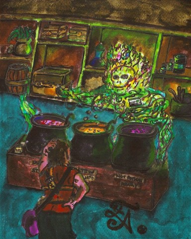 Ghoul salesperson selling potions (and poison) to an adventurer - colored