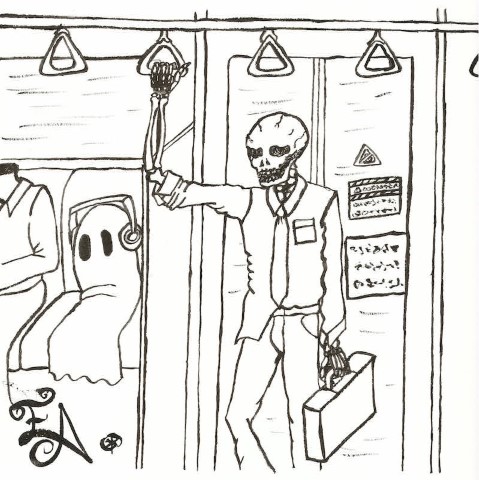 A dejected Skeleton office worker doing the commute back home