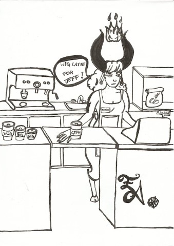 A demon goat girl selling coffe holding a cup with the customer's name written in wrong.