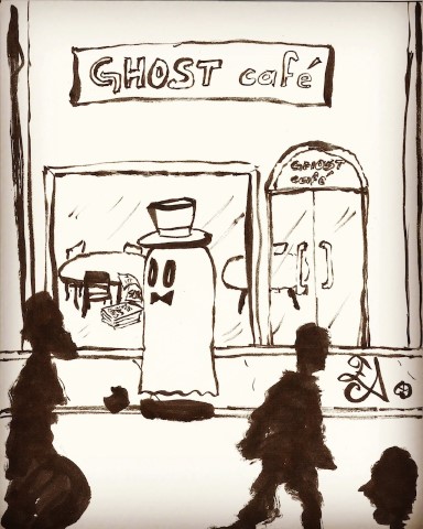 A ghost host unable to give people pamphlets for their ghost cafe.