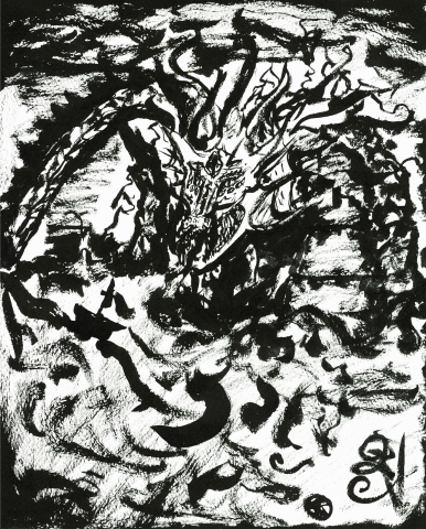 Enormous sea serpent rises above the water, glaring with many eyes on both sides as well as one on the forehead, and open maws full of teeth.