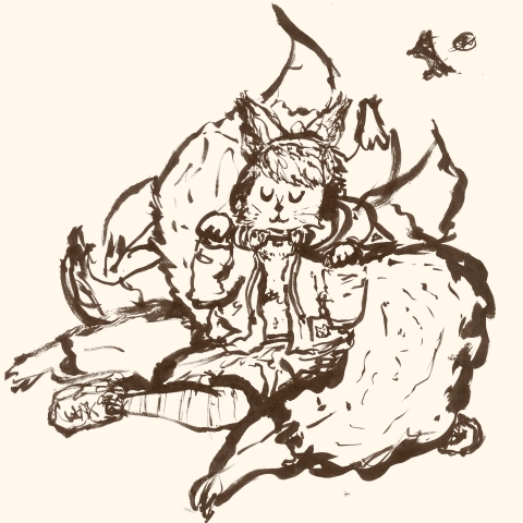 A young looking furry antropomorphic fox girl, with a hoodie sized bigger than she needs, which has embroidered cat faces, striped thigh highs, sneakers, and big headphones. She has at least 6 tails... just how young is her?