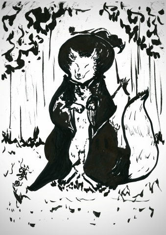 A fox standing on its two hind legs with a witch outfit and two tails. Not anthropomorphic. She has a pentacle necklace and a big witch hat, a tunic that opens in the center but has wide flowy sleeves. She stands in a clearing in the forest.