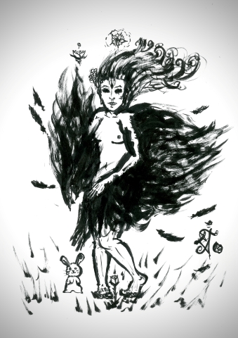 Harpy covering her lower body with wings, her breasts exposed without much concern. Feathers are floating and falling all around her. (black and white ink painting)