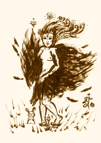 Harpy covering her lower body with wings, her breasts exposed without much concern. Feathers are floating and falling all around her. (sepia version)