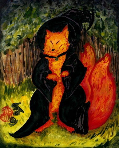 A fox standing on its two hind legs with a witch outfit and two tails. Not anthropomorphic. She has a pentacle necklace and a big witch hat, a tunic that opens in the center but has wide flowy sleeves. She stands in a clearing in the forest.