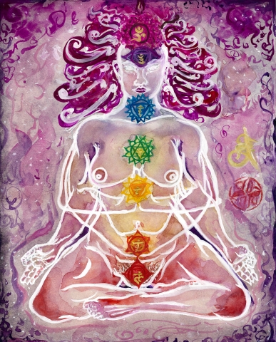The violet background swirls and merges with the color of the skin of a nude muscular woman sat in a lotus position. Her belly button, pubic hair and nipples are painted in a realistic way, and the belly has rolls of fat in a natural way for a woman. Three sets of arms each form a different mudra, one for the root chakra, one for the sacral chakra, and one for the solar plexus chakra. Each of the chakra flowers with their respective number of petals and mantra in golden sanskrit is painted on their respective locations, and their color blends into the skin of the woman. The woman is drawn with white glowing lines, and her hair is separated from the head and floating and swirling in violet and red tones.