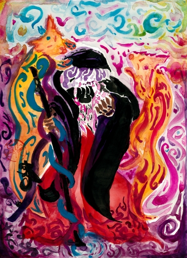 A hooded figure with red wide hakama style pants holding a staff with a golden onyx and pentacle decorations into a puddle of water stands weakly, supporting their weight on the staff. Two colorful foxes with patterns resembling celtic designs and mexican alebrije patterns rise magically from the water and look with compassion and warmth to the figure, while the figure clutches their chest which has a black heart calligraphy written on it. Magical colors swirl around the staff. It is as if the magic had a cost.