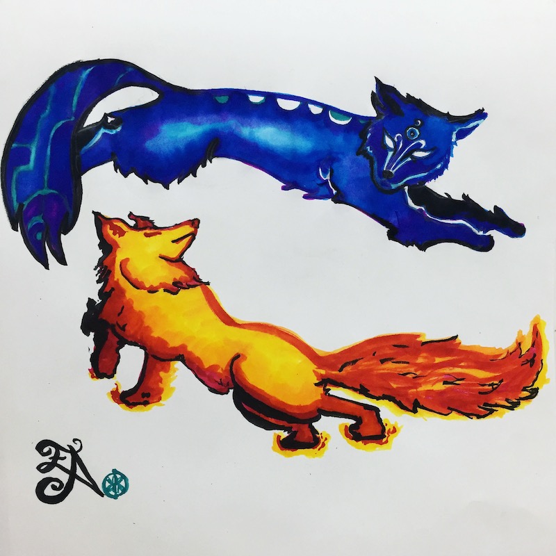 Sun Fox and Moon Wolf chasing each other